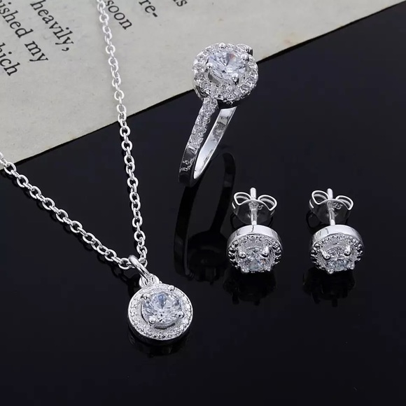 Zircon Crystal Silver Jewelry Necklace Ring Earrings Set Three-Piece Set Jewelry - Picture 1 of 2